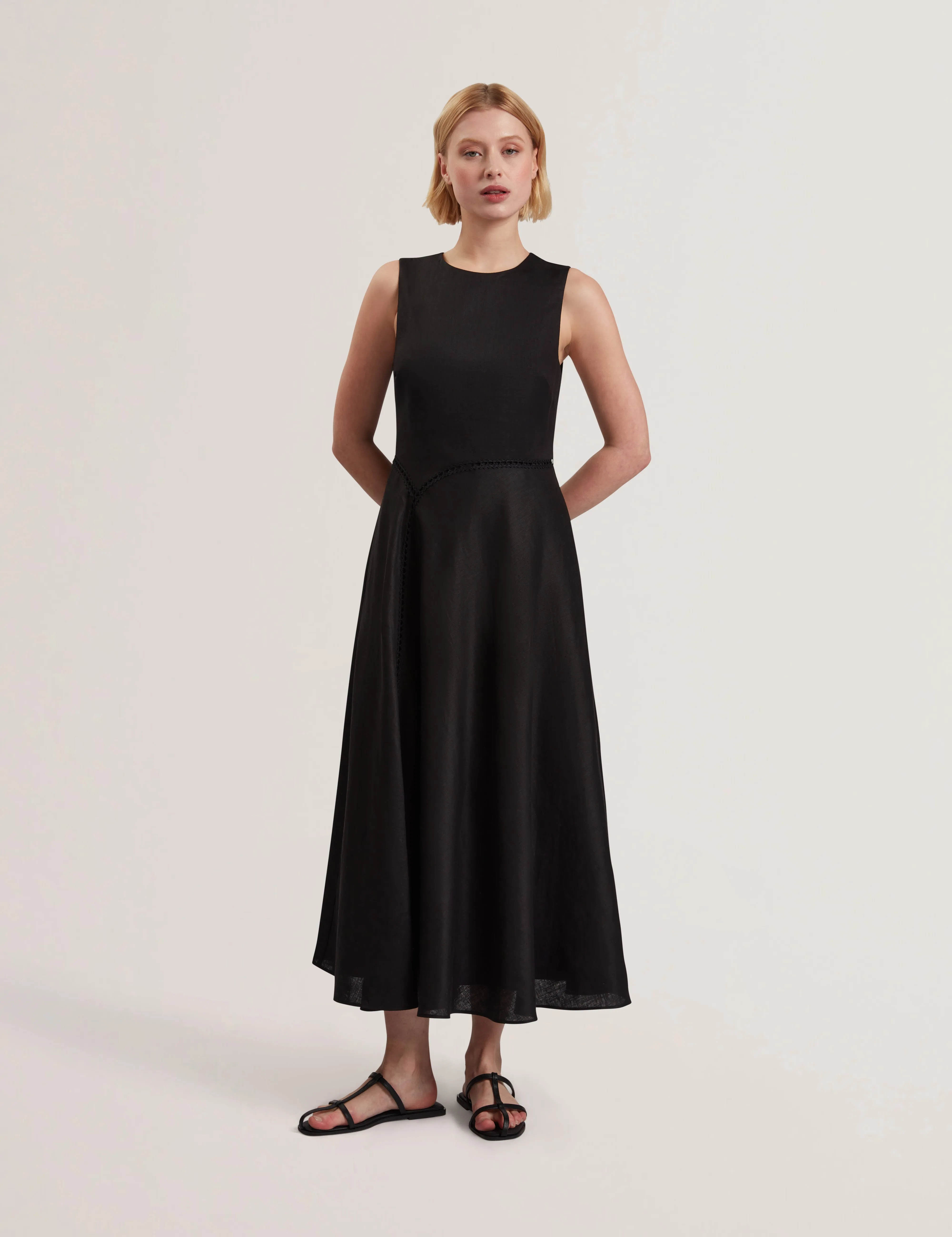 Uliaa Asymmetric Trim Detail Linen Midi Dress Black
