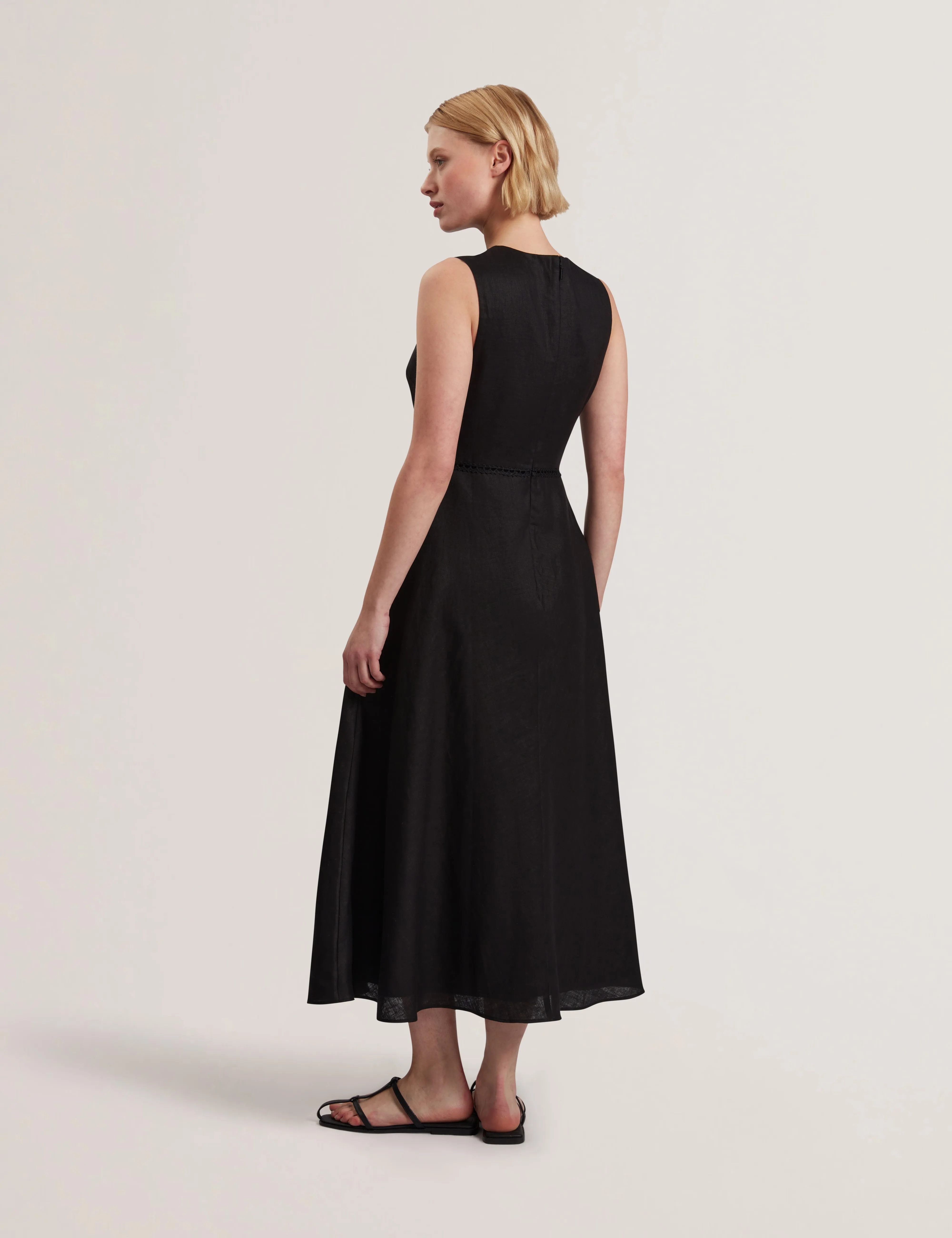 Uliaa Asymmetric Trim Detail Linen Midi Dress Black