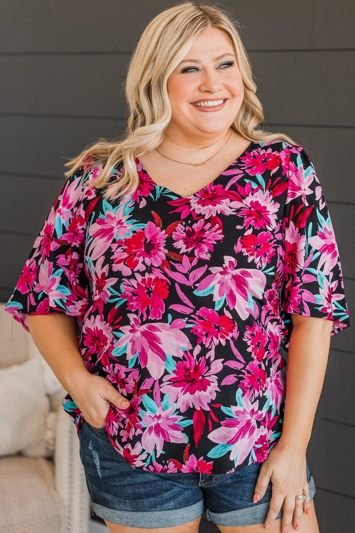 Unlimited Passion Floral Knit Top- Black & Fuchsia