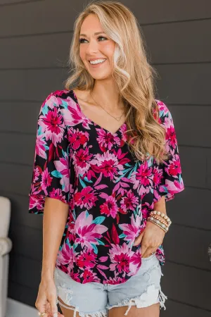 Unlimited Passion Floral Knit Top- Black & Fuchsia