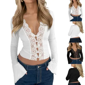 Valeria T-shirt - Elegance and Femininity with Lace and V Neckline