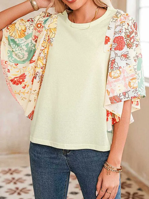 Vintage Beige Floral Patchwork Angel Sleeve Blouse