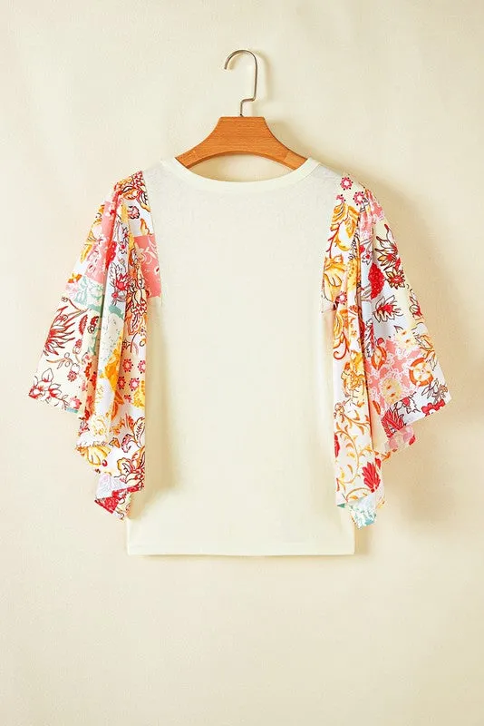 Vintage Beige Floral Patchwork Angel Sleeve Blouse