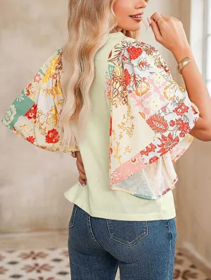 Vintage Beige Floral Patchwork Angel Sleeve Blouse