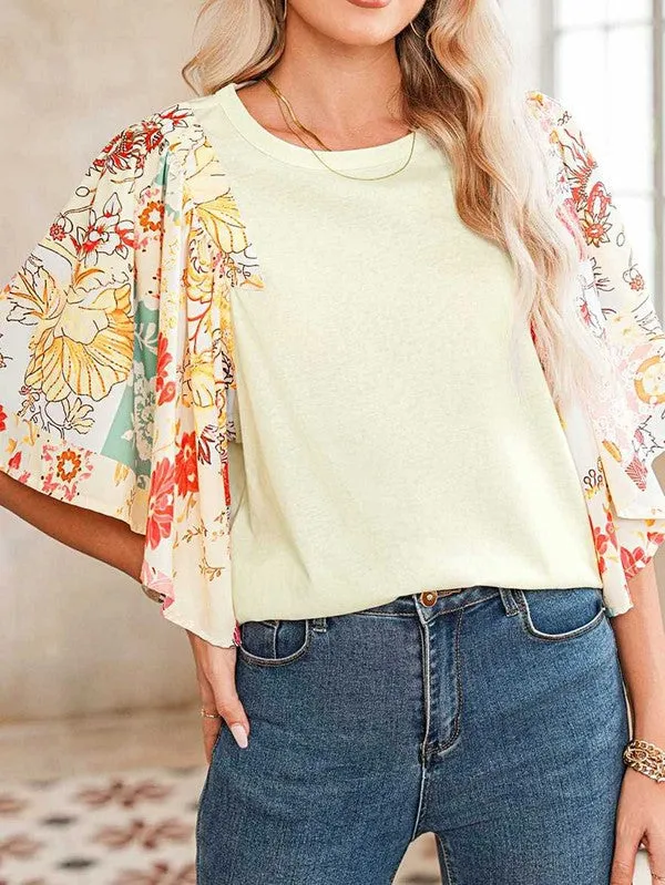 Vintage Beige Floral Patchwork Angel Sleeve Blouse