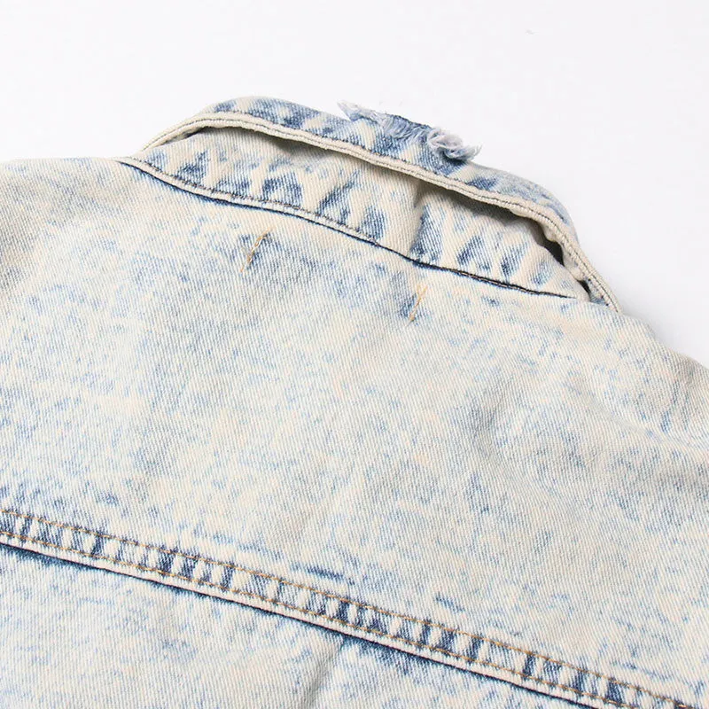 Vintage Distressed Ripped Detail Button Down Acid Wash Denim Jacket