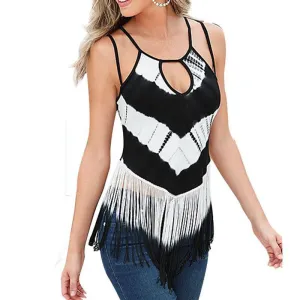 Vintage Hollow Tassel Tops Sleeveless Camis Women Fashion U Neck Printing Beach Shirts High