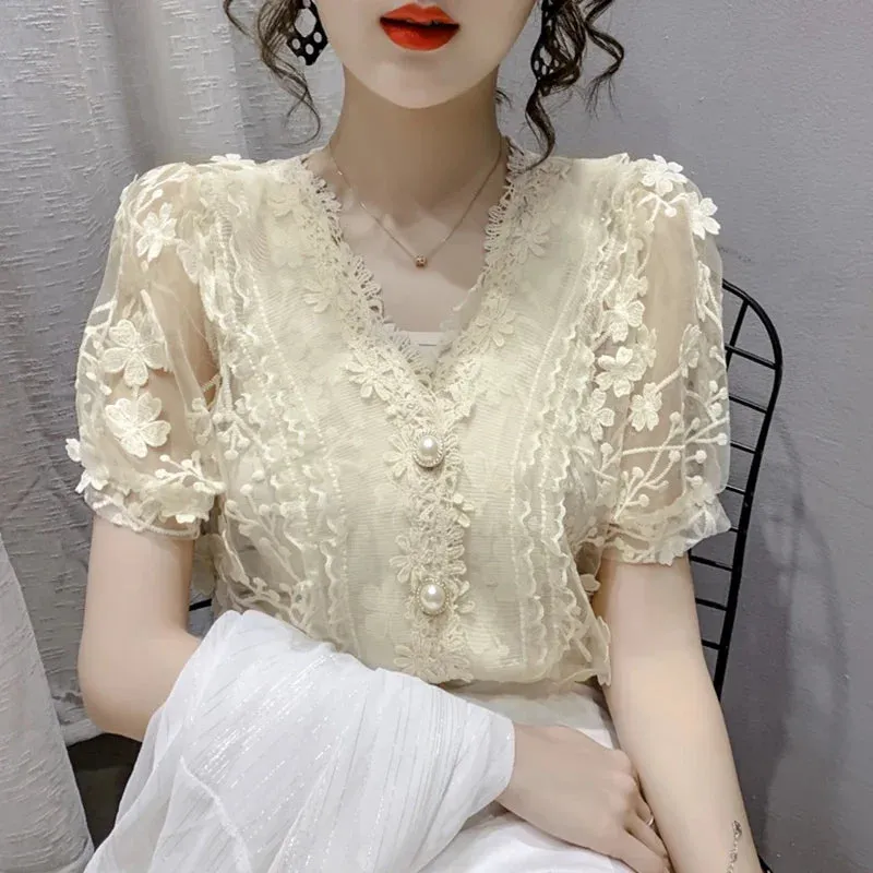 Vintage Lace Blouses Womens 2024 Summer Fashion Elegant White Blusas Mujer Casual V Neck See Through Sexy Puff Sleeve Y2k Tops