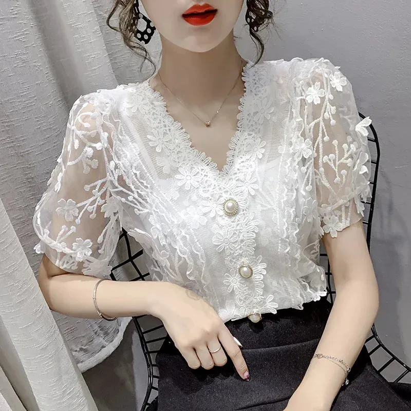Vintage Lace Blouses Womens 2024 Summer Fashion Elegant White Blusas Mujer Casual V Neck See Through Sexy Puff Sleeve Y2k Tops