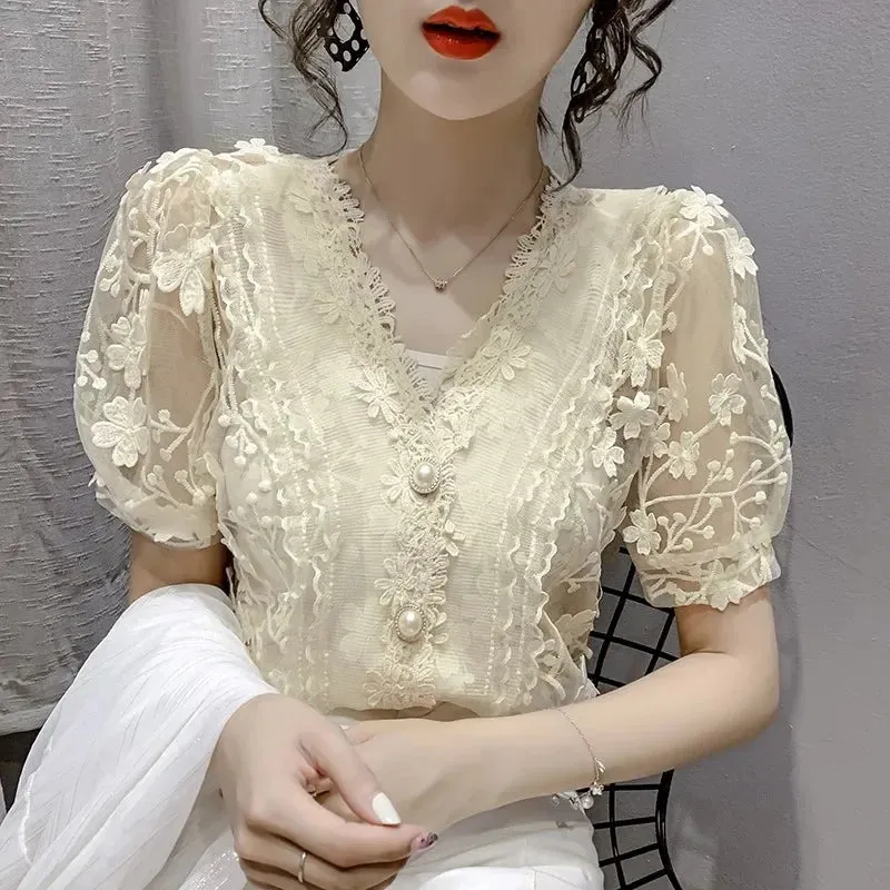 Vintage Lace Blouses Womens 2024 Summer Fashion Elegant White Blusas Mujer Casual V Neck See Through Sexy Puff Sleeve Y2k Tops