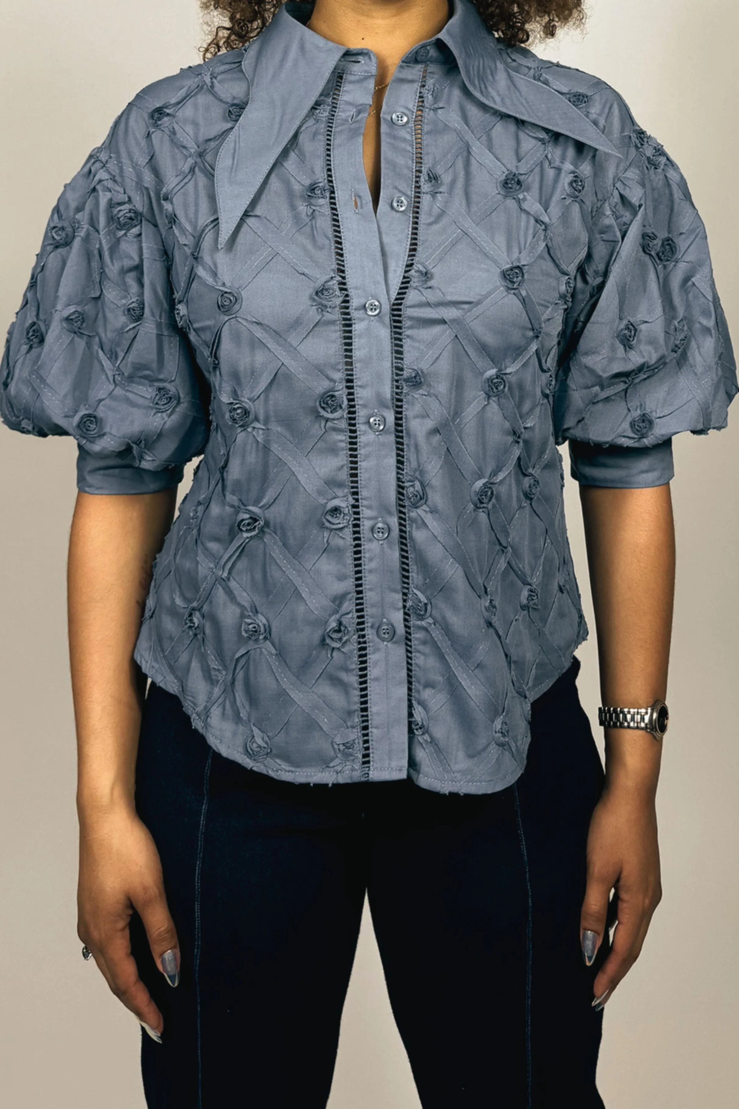 Vivid Puff Sleeve Ribbon Applique Button Down Top