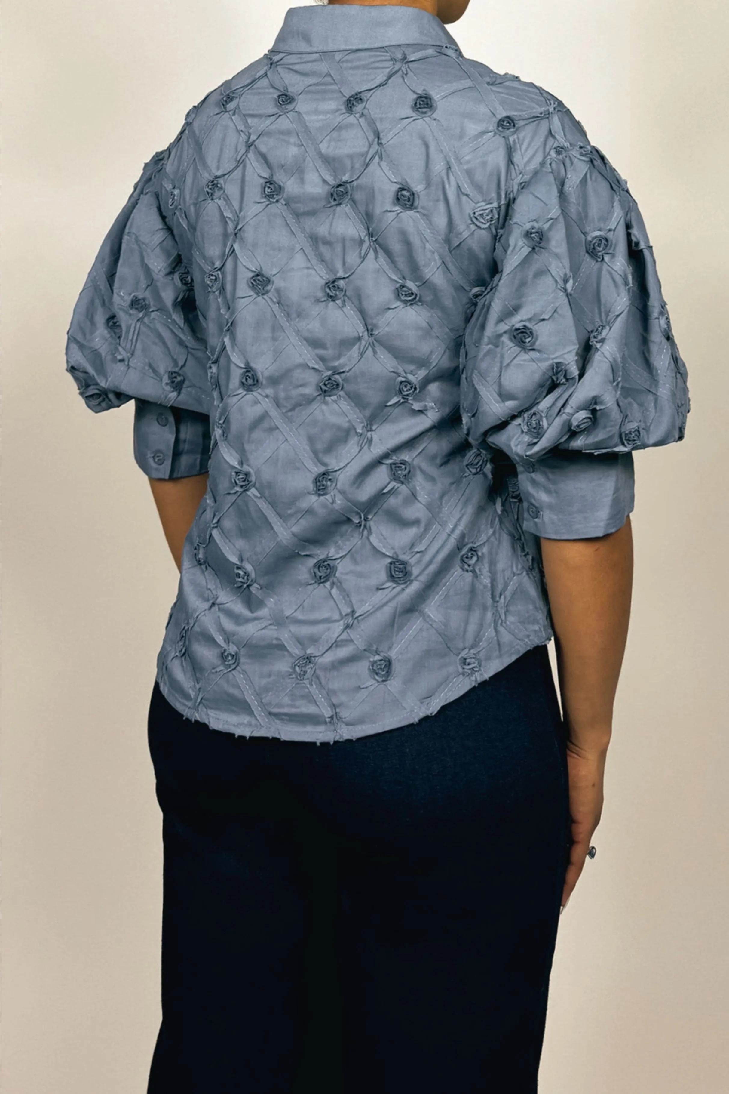 Vivid Puff Sleeve Ribbon Applique Button Down Top