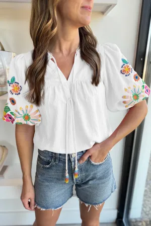 White Floral Embroidered Puff Sleeve Split Neck Blouse