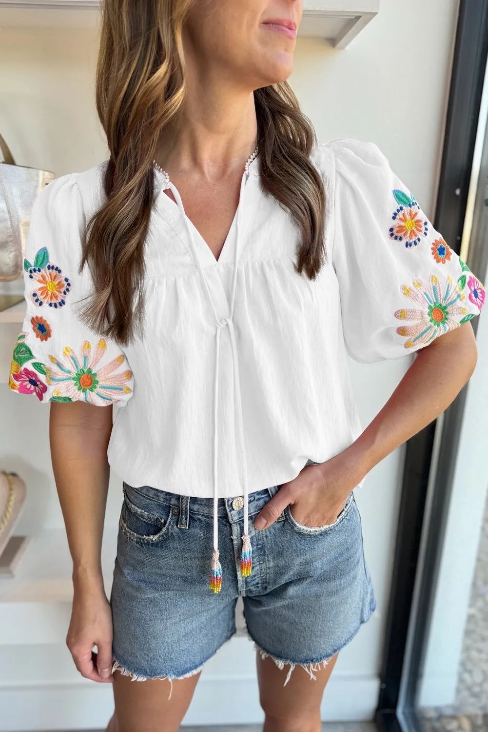 White Floral Embroidered Puff Sleeve Split Neck Blouse