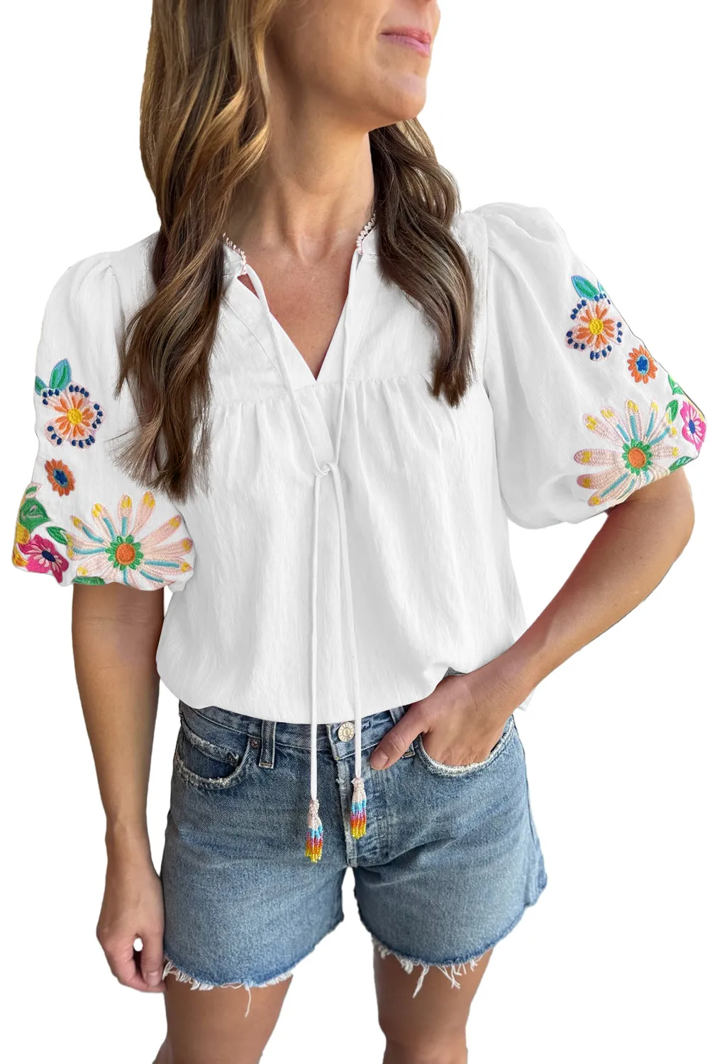 White Floral Embroidered Puff Sleeve Split Neck Blouse