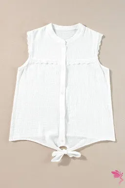 White Lace Trim Crinkle Knot Hem Sleeveless Shirt