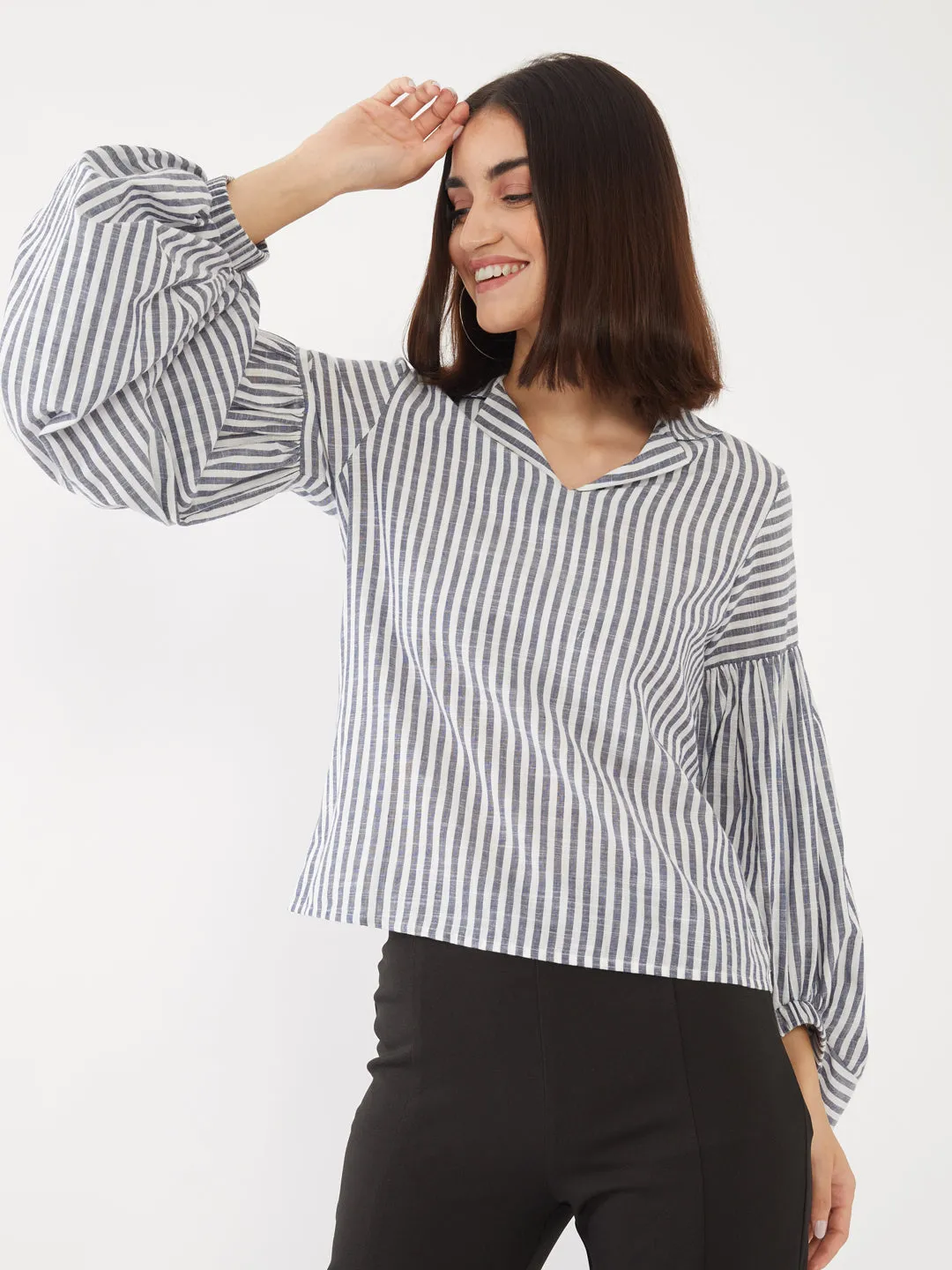 White Striped Puff Sleeve Top
