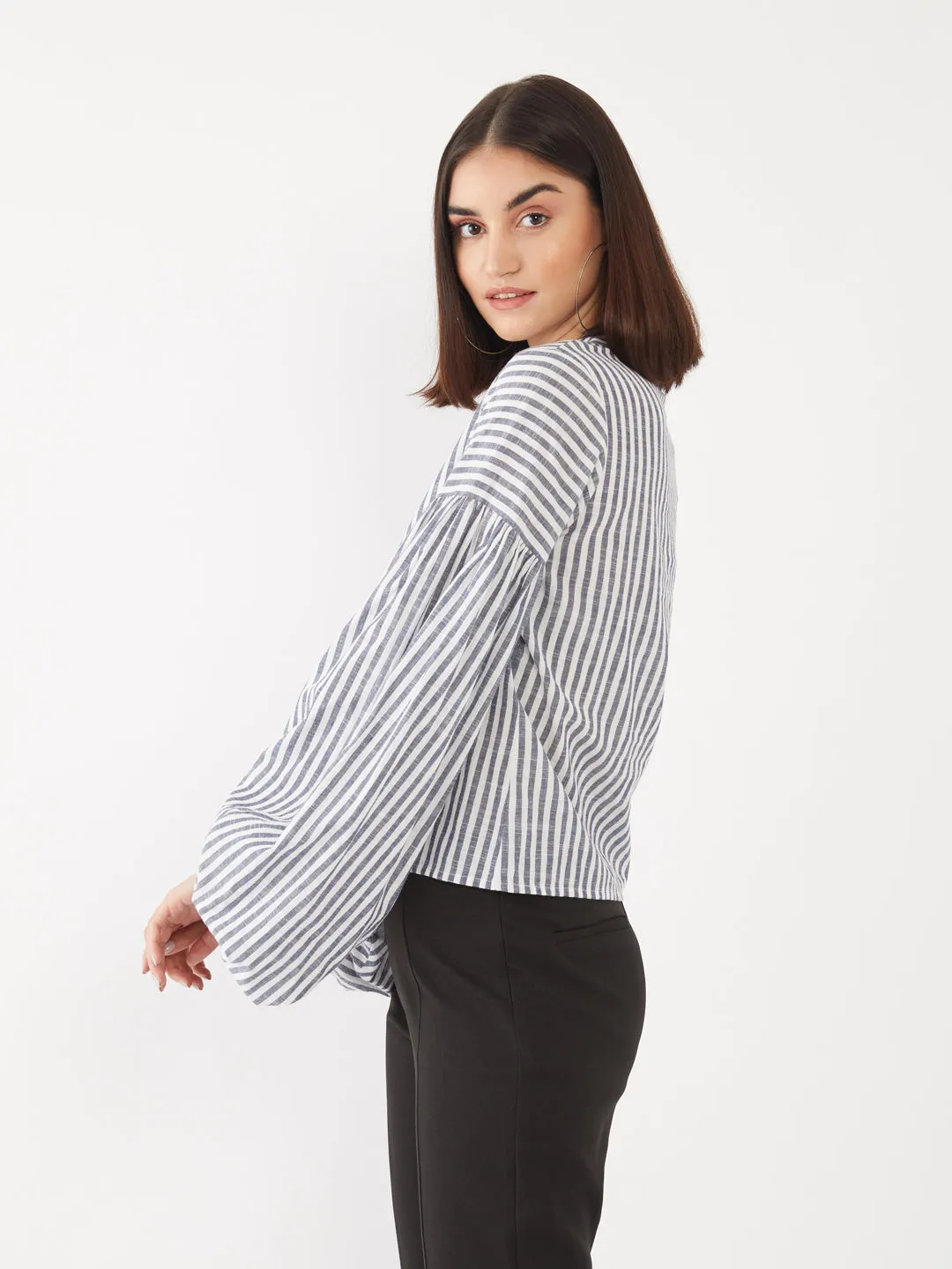 White Striped Puff Sleeve Top
