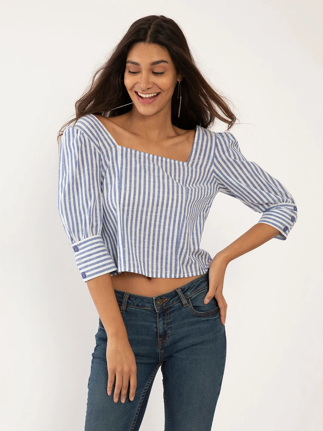 White Striped Puff Sleeve Top
