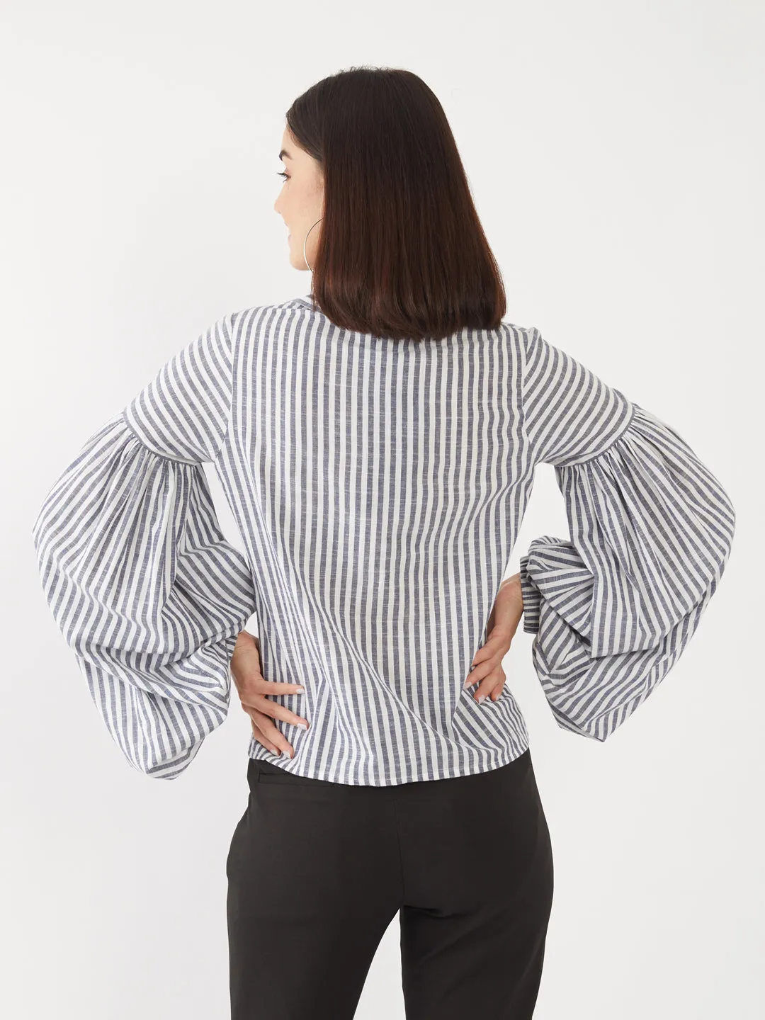White Striped Puff Sleeve Top