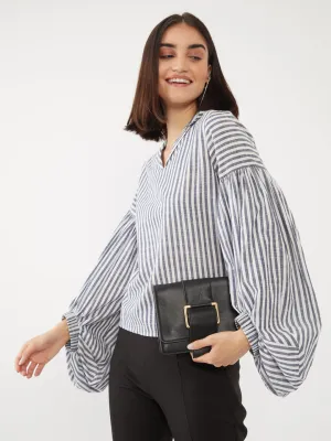 White Striped Puff Sleeve Top