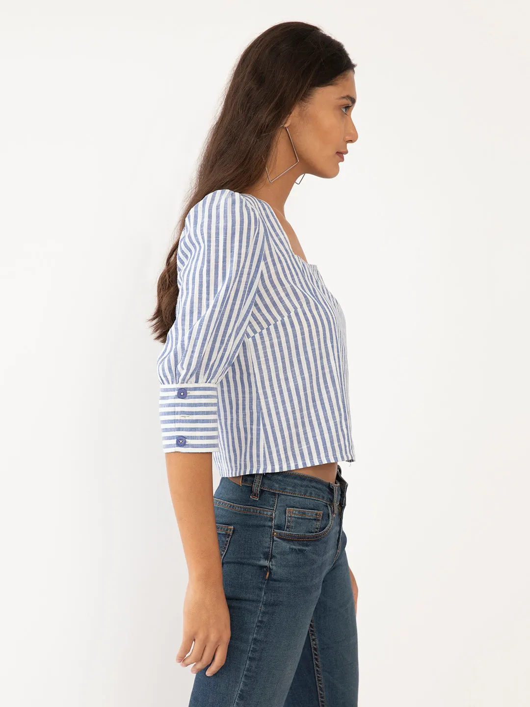 White Striped Puff Sleeve Top