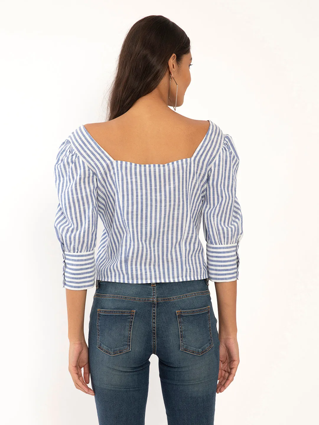 White Striped Puff Sleeve Top