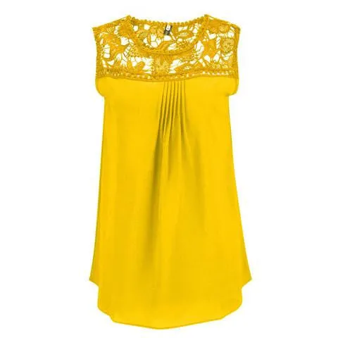 Women Blouses Casual Chiffon Lace Sleeveless Patchwork Floral O-Neck Shirts women tops