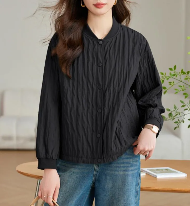 Women Button Up Stand Collar Crinkled Short Jackets