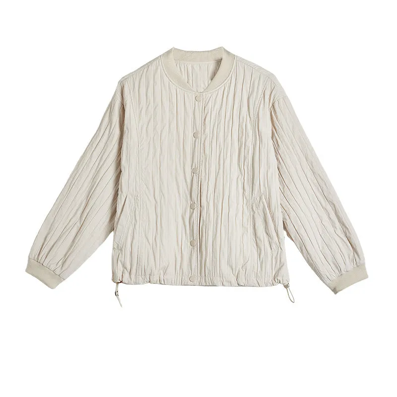 Women Button Up Stand Collar Crinkled Short Jackets