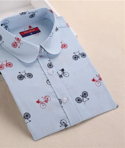 Women Cotton Linen Blouse Turn-down Collar Long Sleeve Printed Shirts Women Tops And Blouses Fashion Clothings
