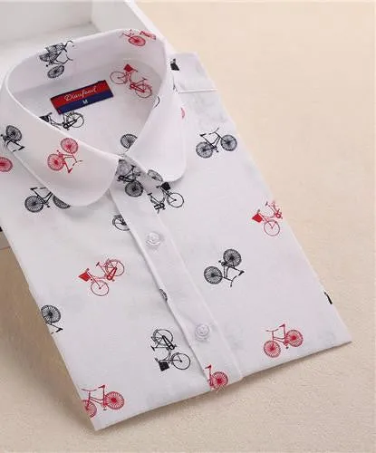 Women Cotton Linen Blouse Turn-down Collar Long Sleeve Printed Shirts Women Tops And Blouses Fashion Clothings