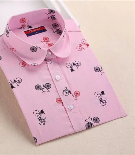 Women Cotton Linen Blouse Turn-down Collar Long Sleeve Printed Shirts Women Tops And Blouses Fashion Clothings