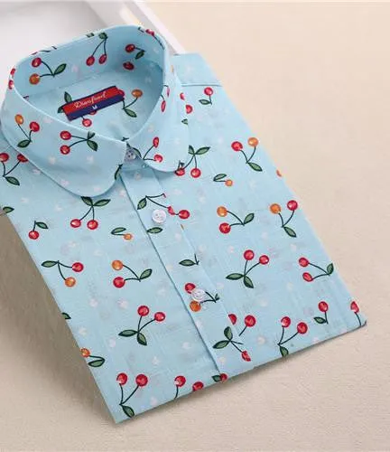 Women Cotton Linen Blouse Turn-down Collar Long Sleeve Printed Shirts Women Tops And Blouses Fashion Clothings