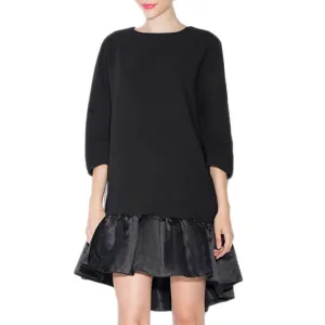 Women Girls Long Loose Black Blouses Patchwork O-Neck Three Quarter Sleeve Tops Casual Fashion Shirts