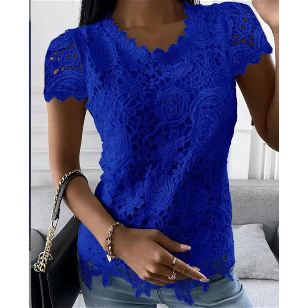 Women Lace Blouse Tops Summer V Neck Short Sleeve Lace Patchwork OL Blouse Shirts