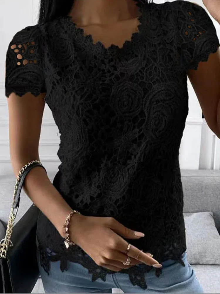 Women Lace Blouse Tops Summer V Neck Short Sleeve Lace Patchwork OL Blouse Shirts