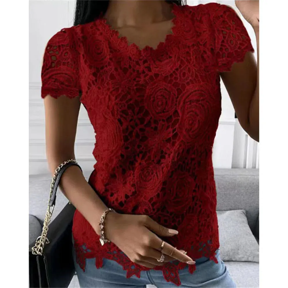 Women Lace Blouse Tops Summer V Neck Short Sleeve Lace Patchwork OL Blouse Shirts