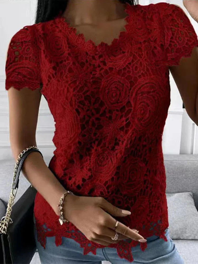 Women Lace Blouse Tops Summer V Neck Short Sleeve Lace Patchwork OL Blouse Shirts