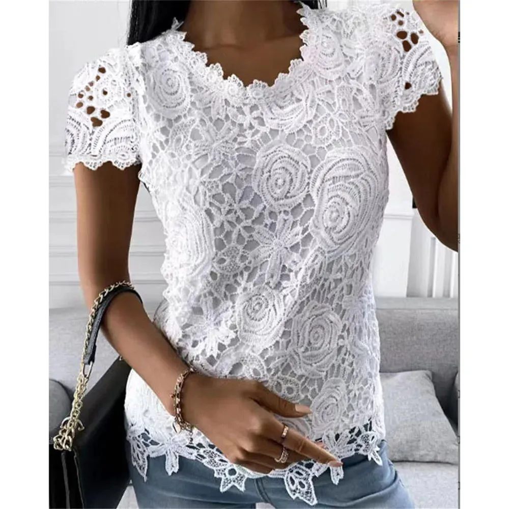 Women Lace Blouse Tops Summer V Neck Short Sleeve Lace Patchwork OL Blouse Shirts