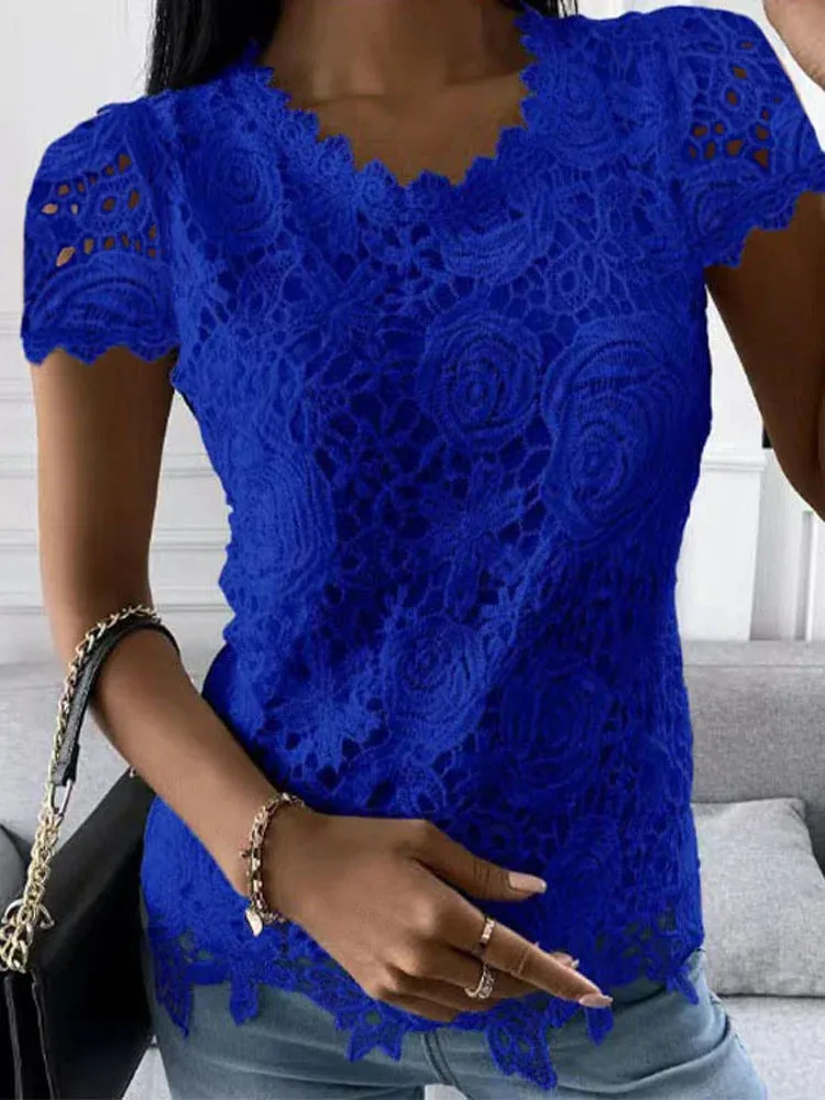 Women Lace Blouse Tops Summer V Neck Short Sleeve Lace Patchwork OL Blouse Shirts