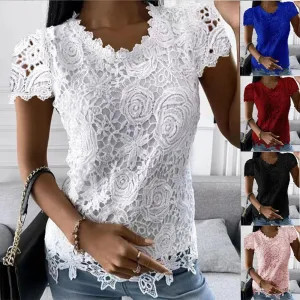 Women Lace Blouse Tops Summer V Neck Short Sleeve Lace Patchwork OL Blouse Shirts