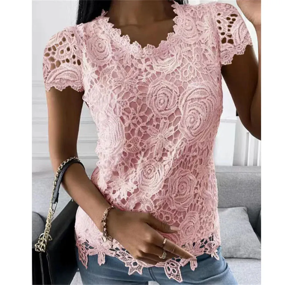 Women Lace Blouse Tops Summer V Neck Short Sleeve Lace Patchwork OL Blouse Shirts