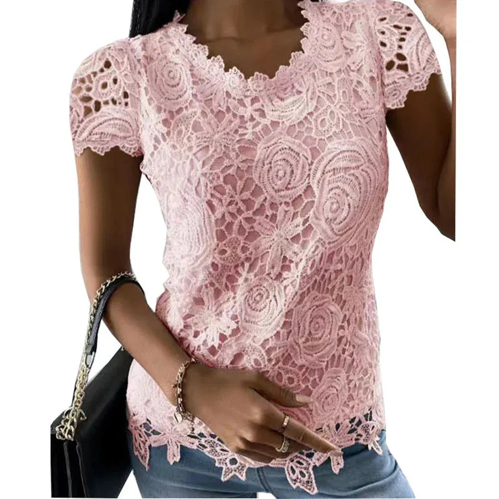 Women Lace Blouse Tops Summer V Neck Short Sleeve Lace Patchwork OL Blouse Shirts