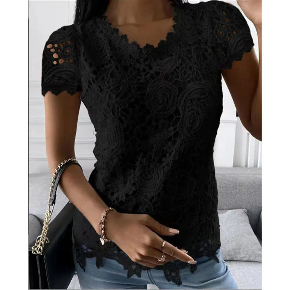 Women Lace Blouse Tops Summer V Neck Short Sleeve Lace Patchwork OL Blouse Shirts