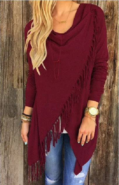 Women Long Sleeve Blouse Tassel Slash Dress Blouses Fashion Tops Ladies Casual Shirts
