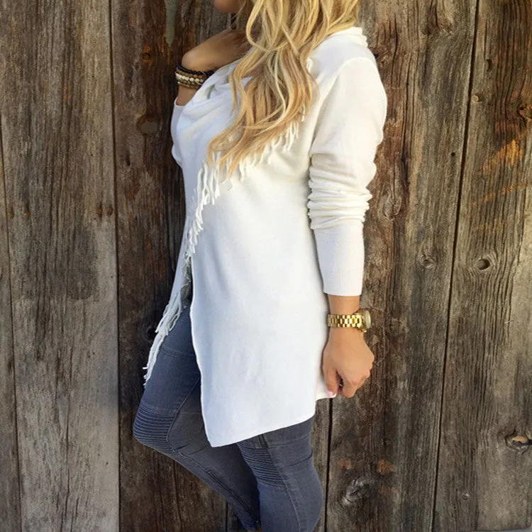 Women Long Sleeve Blouse Tassel Slash Dress Blouses Fashion Tops Ladies Casual Shirts