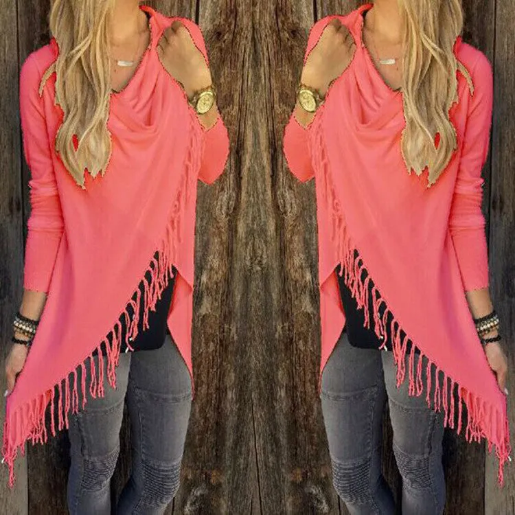 Women Long Sleeve Blouse Tassel Slash Dress Blouses Fashion Tops Ladies Casual Shirts