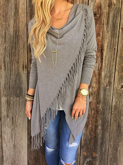 Women Long Sleeve Blouse Tassel Slash Dress Blouses Fashion Tops Ladies Casual Shirts