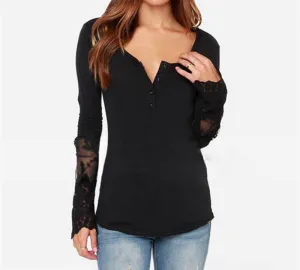 Women Long Sleeve O-Neck Lace Patchwork Tops Ladies Casual Blouses Shirts Plus Size